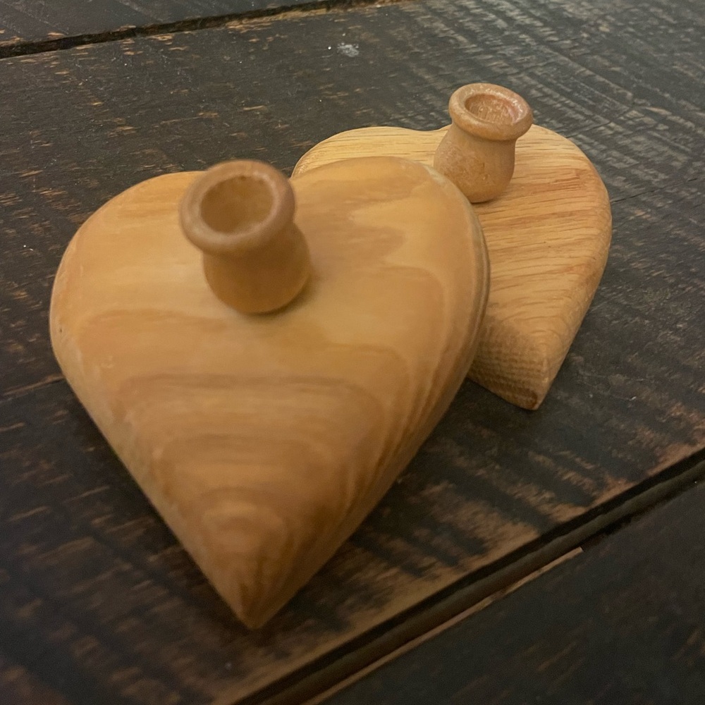 Vintage Set Of 2 Handmade Wooden Heart Shaped Candle Holders Light Colored Wood
